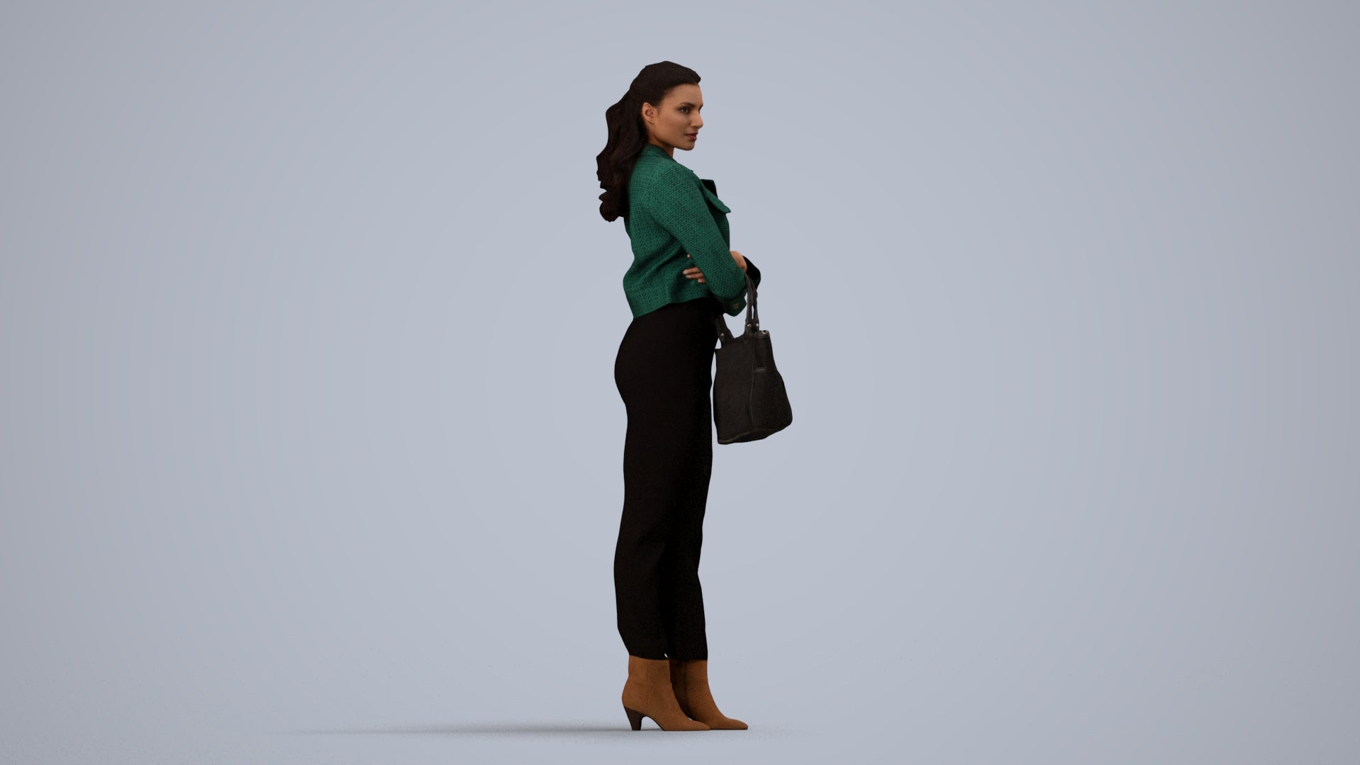 realistic 3D human woman business standing, archviz people FBX OBJ for Blender, side view render
