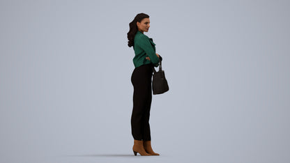 realistic 3D human woman business standing, archviz people FBX OBJ for Blender, side view render