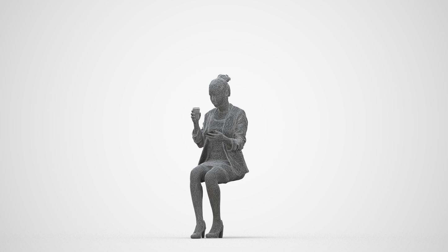 3D human model woman business, photogrammetry scanned person for archviz, wireframe back view