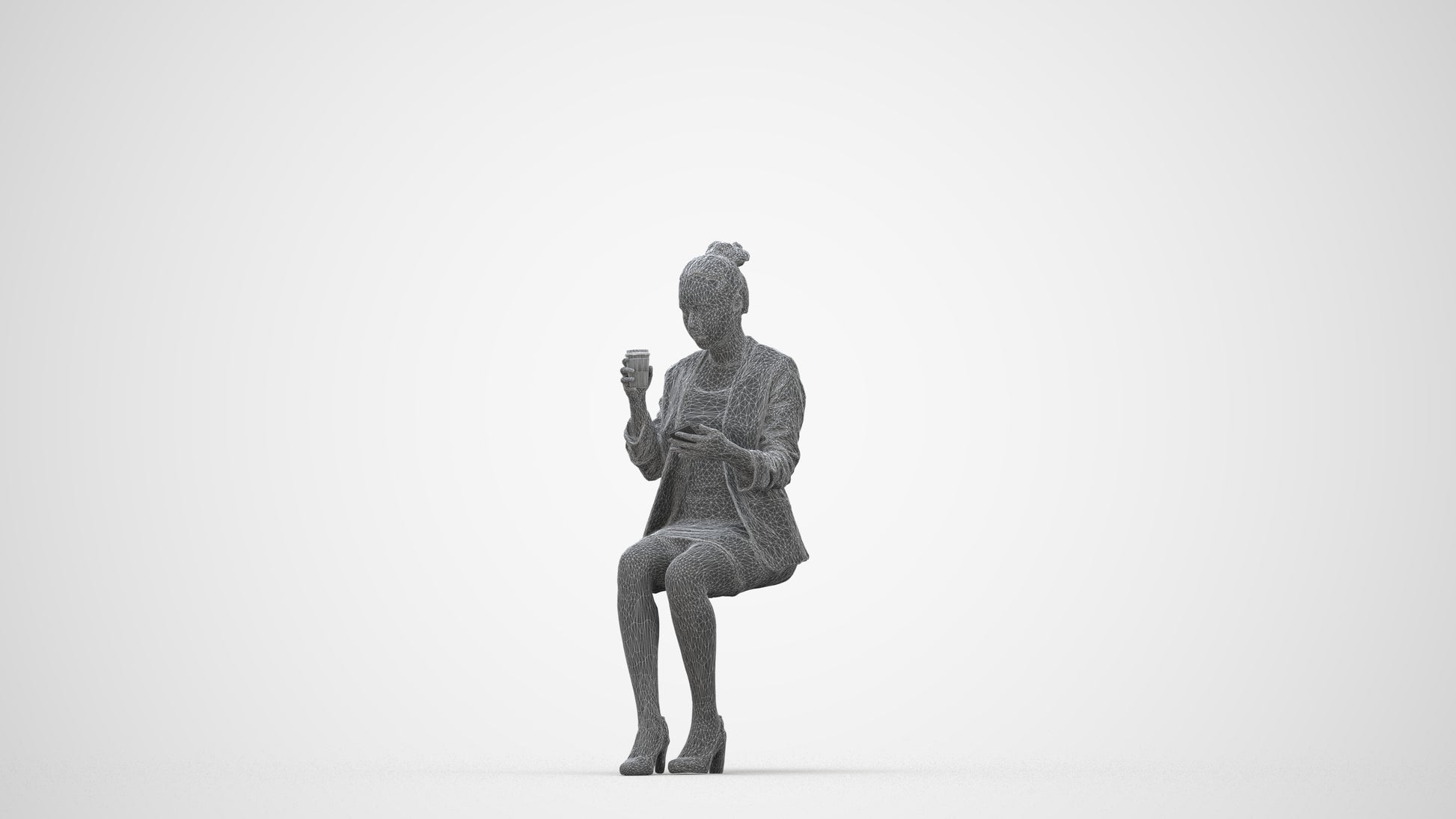 3D human model woman business, photogrammetry scanned person for archviz, wireframe back view