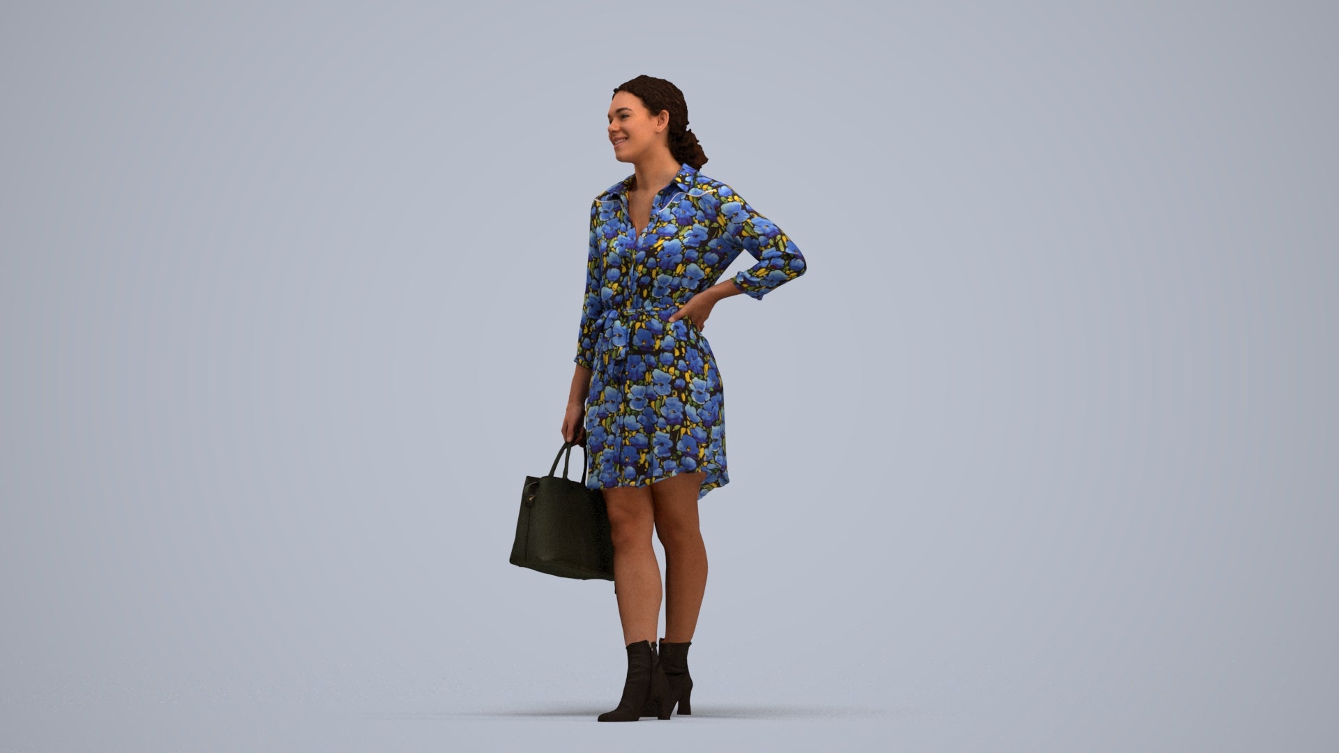 3D human model woman casual standing, photogrammetry scanned person for archviz, standing pose render