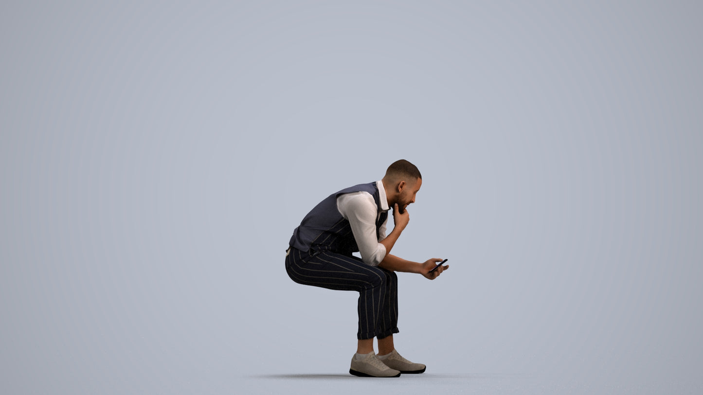 3D scanned man sitting business, photorealistic archviz people for Enscape and SketchUp, front view render