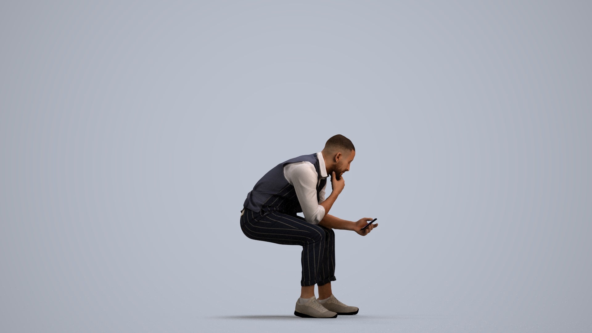 3D scanned man sitting business, photorealistic archviz people for Enscape and SketchUp, front view render