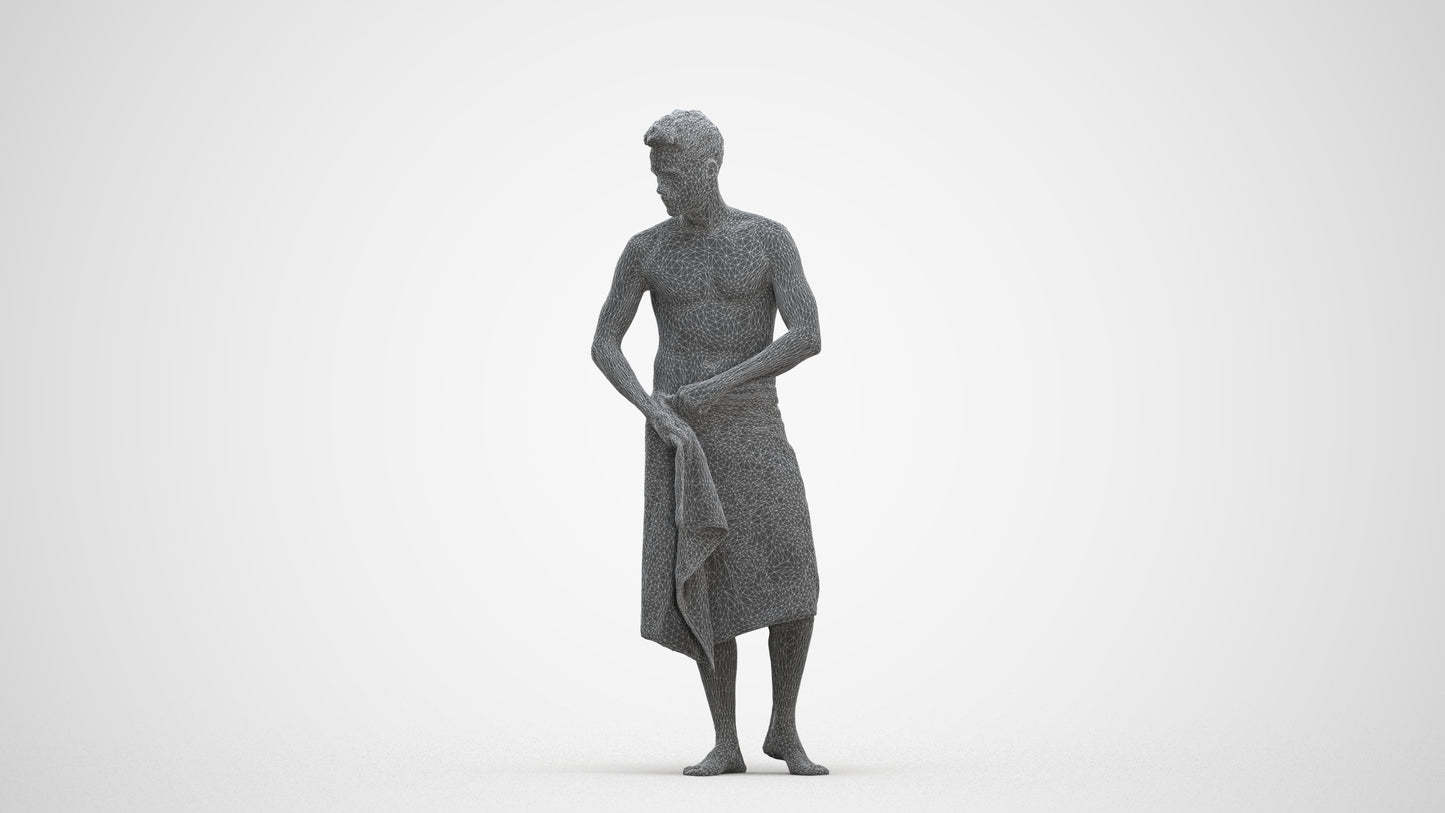 3D human model man casual bathroom, photogrammetry scanned person for archviz, three-quarter front view render