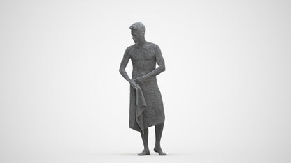 3D human model man casual bathroom, photogrammetry scanned person for archviz, three-quarter front view render