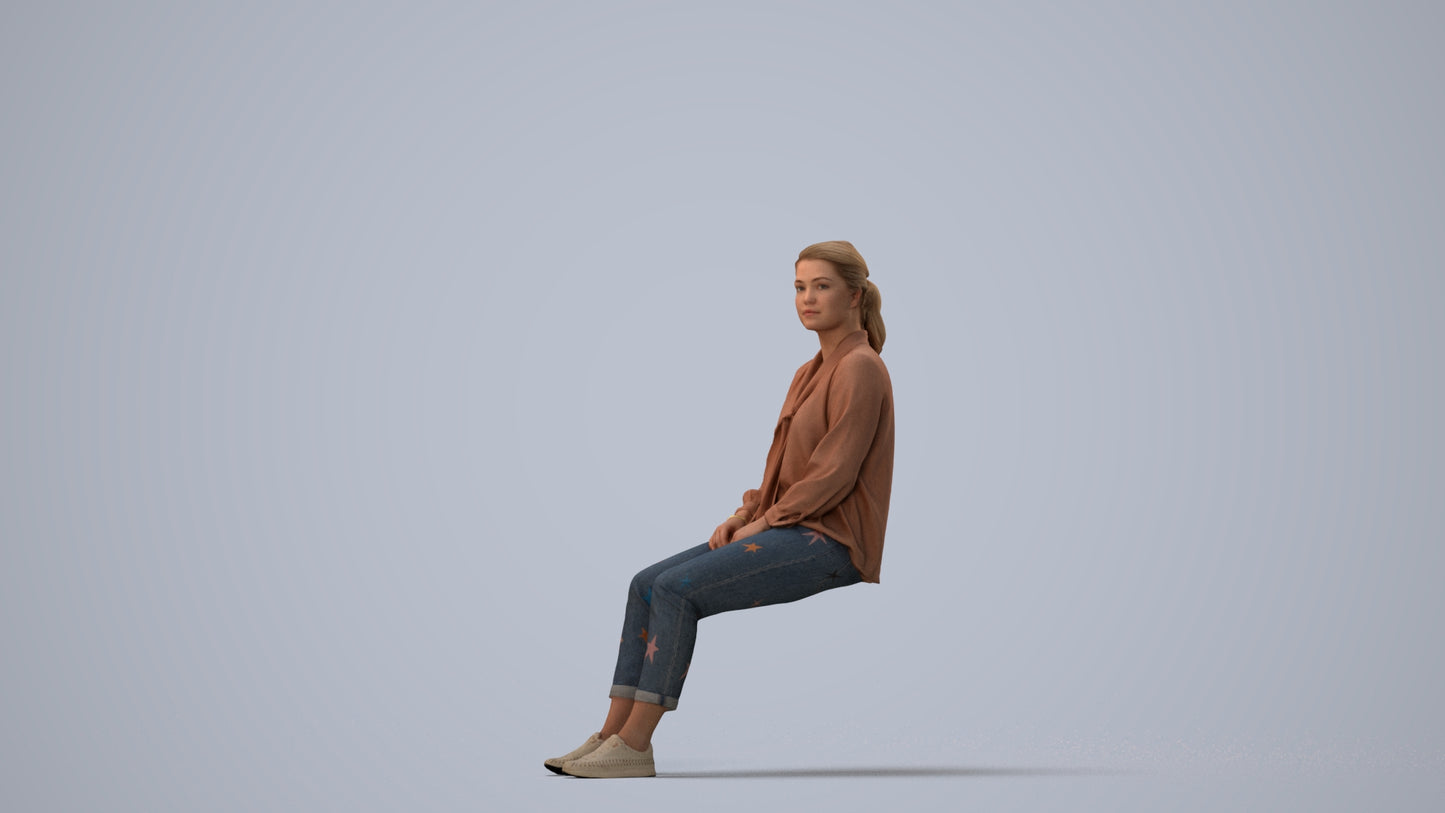 realistic 3D people woman casual sitting, render-ready for V-Ray and Corona, FBX OBJ, three-quarter view render