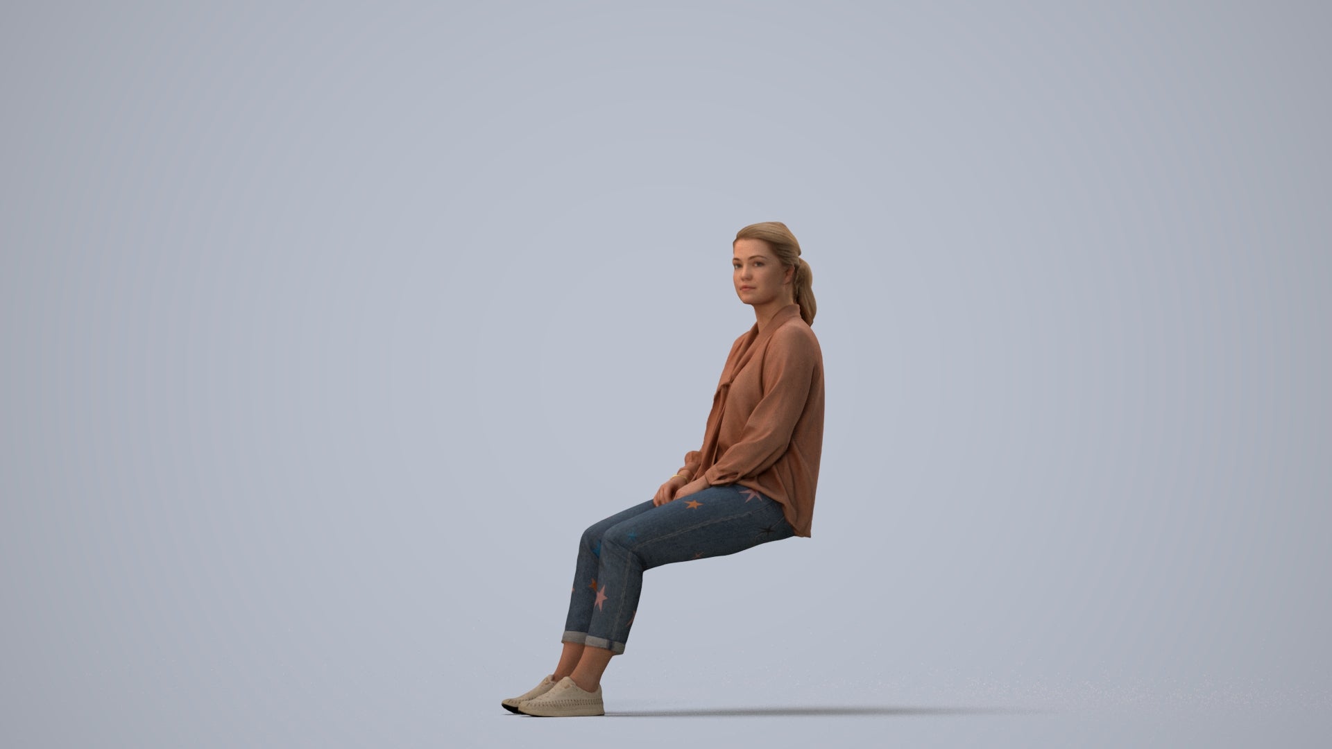 realistic 3D people woman casual sitting, render-ready for V-Ray and Corona, FBX OBJ, three-quarter view render