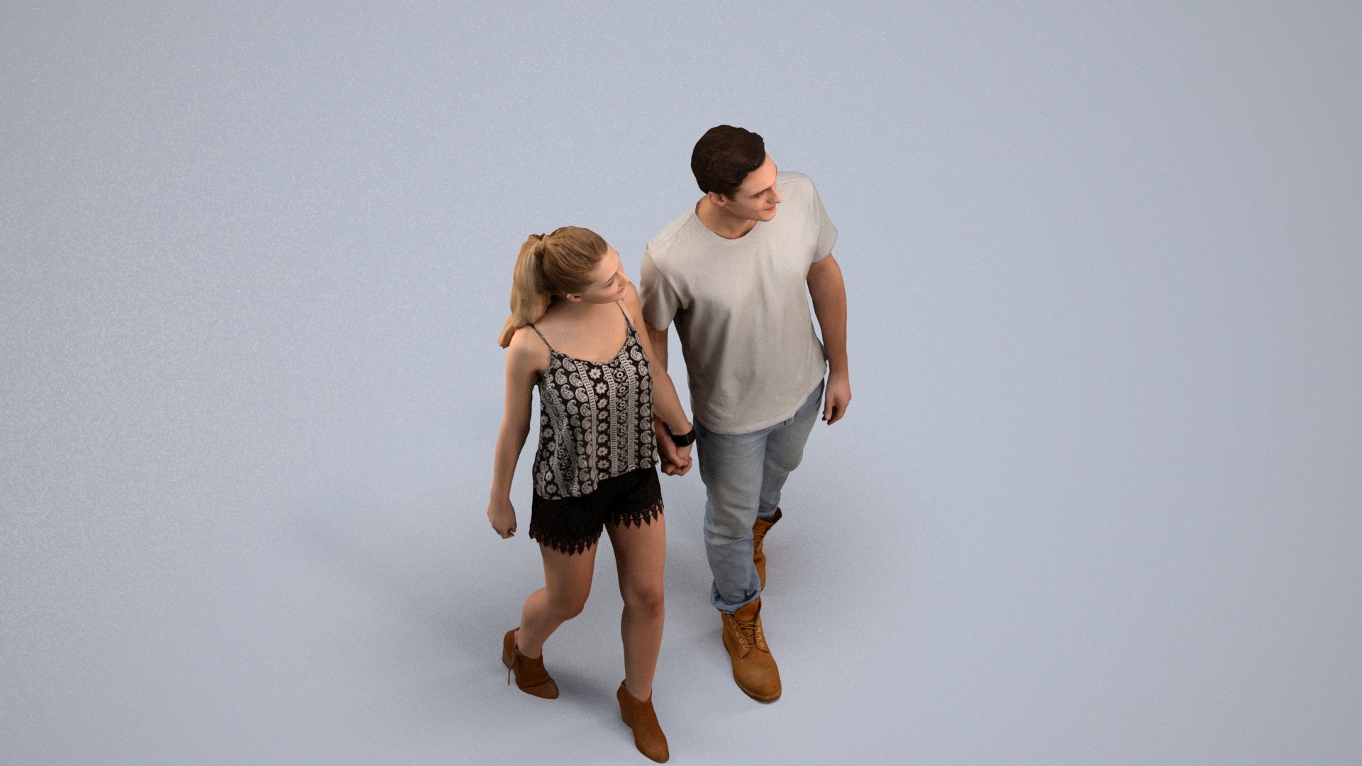 realistic 3D woman casual couple, scanned archviz people for Blender and 3ds Max, back view render