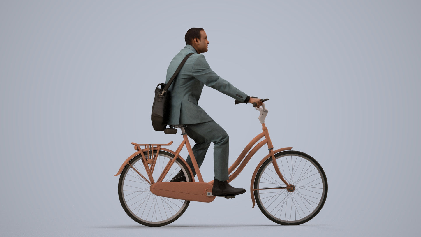 3D scanned man cycling business, photorealistic archviz people for Enscape and SketchUp, side view render