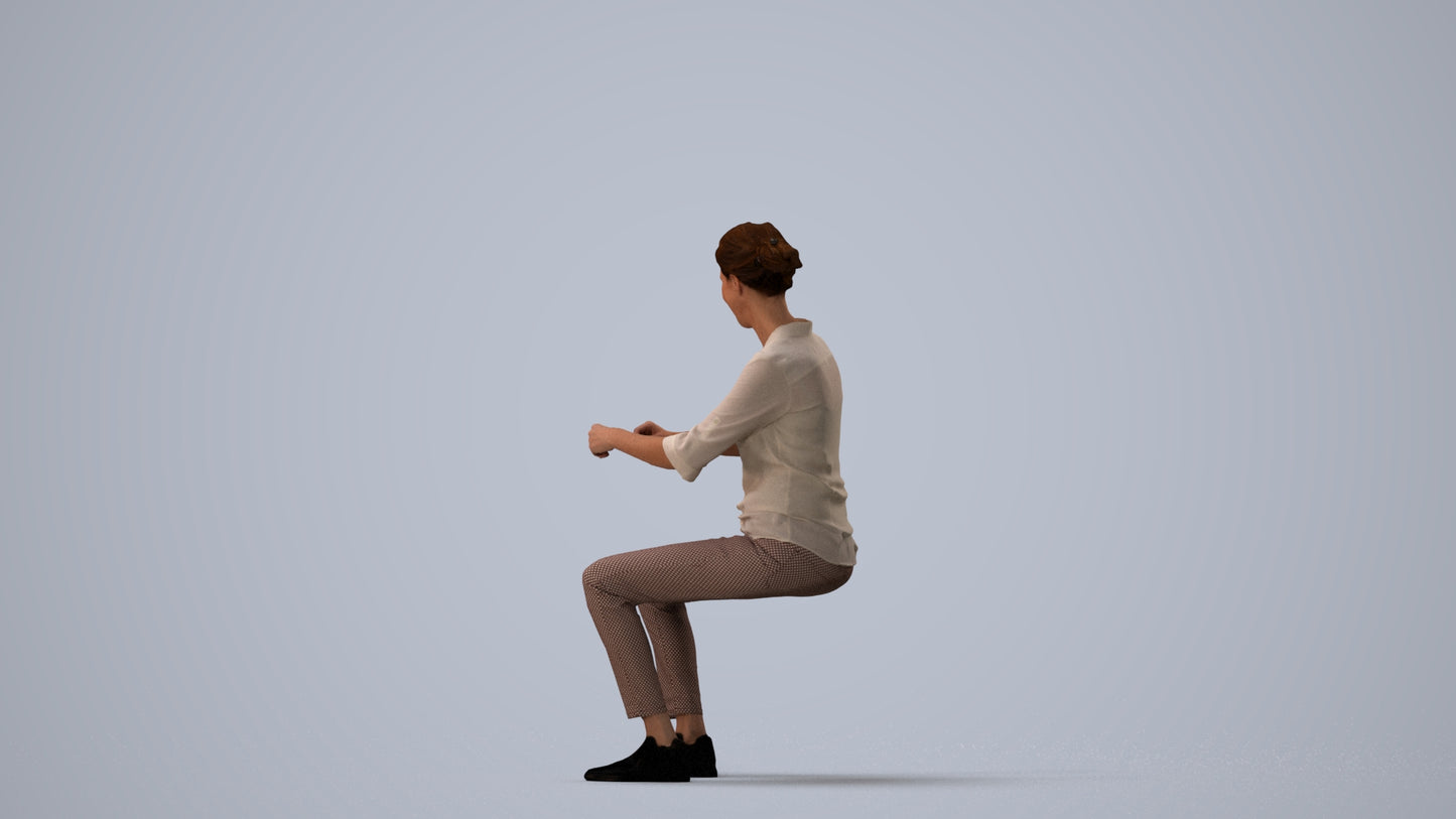 realistic 3D human woman casual sitting, archviz people FBX OBJ for Blender, three-quarter view render