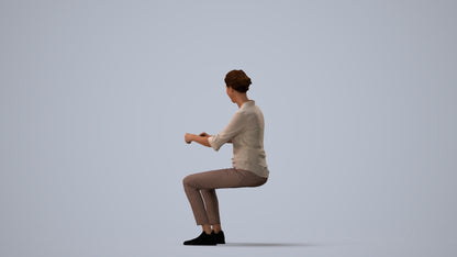 realistic 3D human woman casual sitting, archviz people FBX OBJ for Blender, three-quarter view render