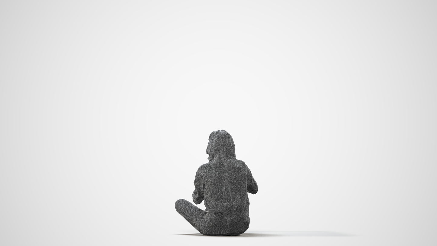 3D human model woman casual sitting, photogrammetry scanned person for archviz, square thumbnail