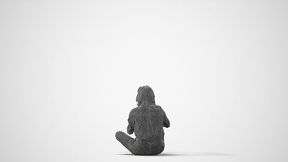3D human model woman casual sitting, photogrammetry scanned person for archviz, square thumbnail