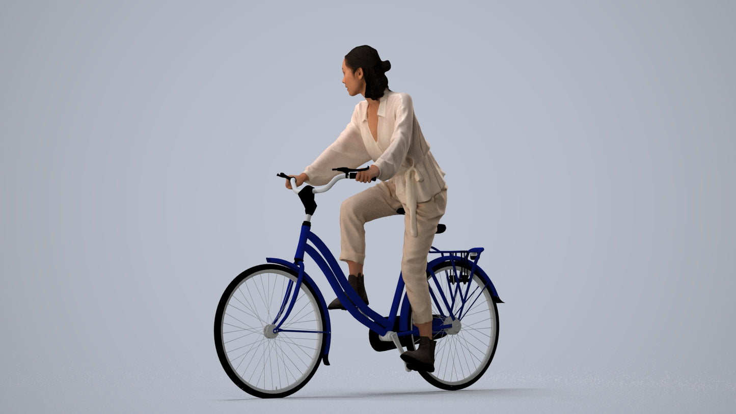 3D human model woman casual cycling, photogrammetry scanned person for archviz, three-quarter view render
