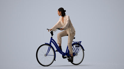 3D human model woman casual cycling, photogrammetry scanned person for archviz, three-quarter view render
