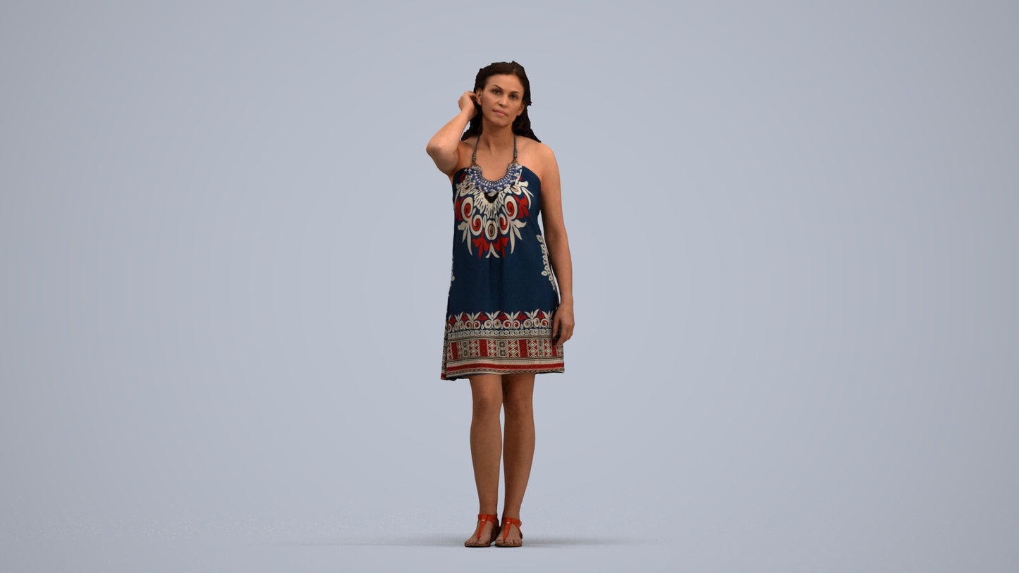 3D human model woman standing, photogrammetry scanned person for archviz, standing pose render