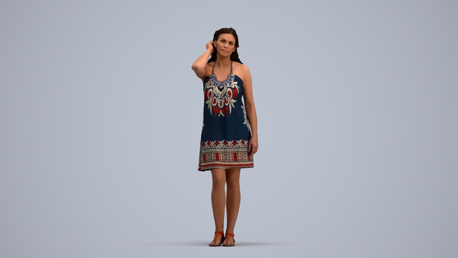 3D human model woman standing, photogrammetry scanned person for archviz, standing pose render