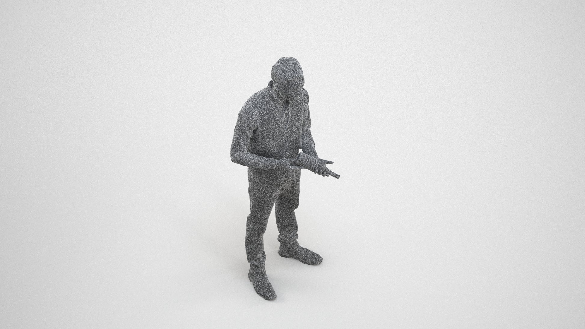 3D human model man hospitality, photogrammetry scanned person for archviz, wireframe three-quarter view