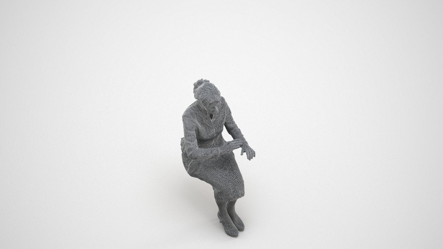 scanned 3D senior woman formal sitting, photogrammetry people for Enscape and V-Ray, wireframe three-quarter view