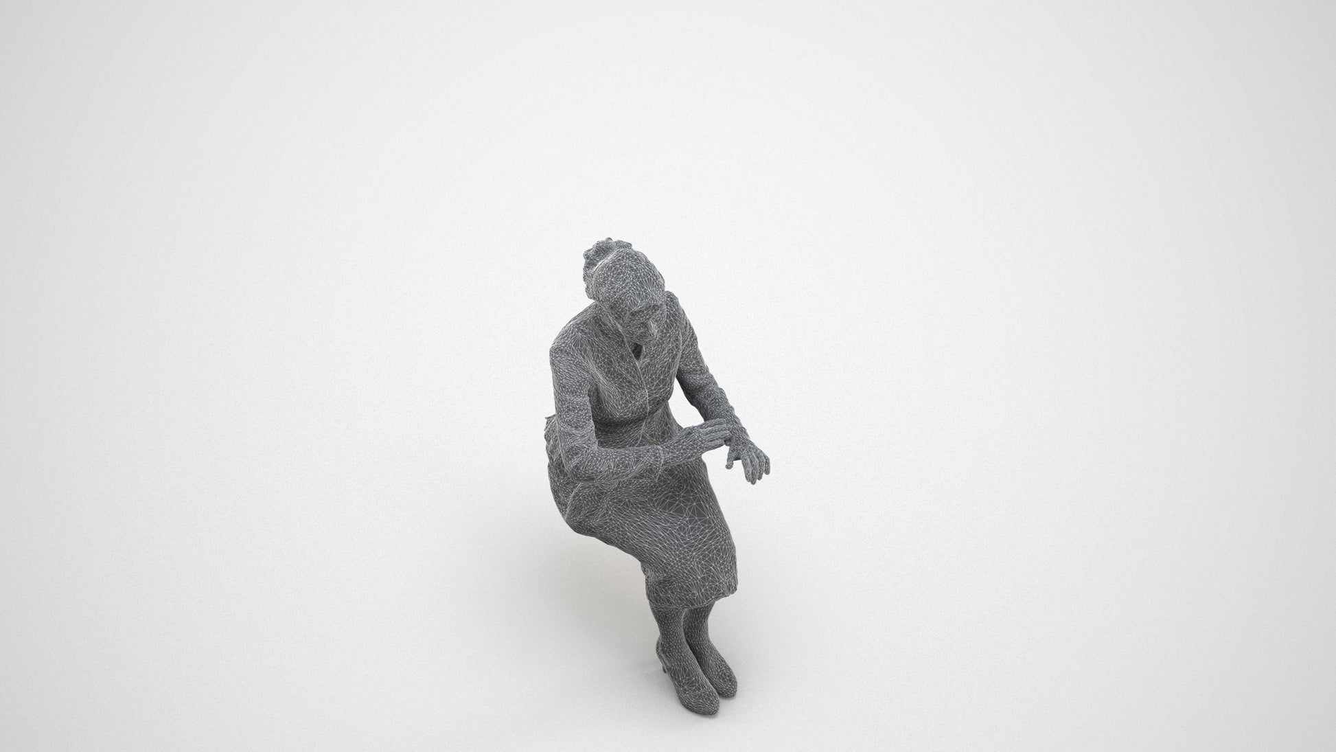 scanned 3D senior woman formal sitting, photogrammetry people for Enscape and V-Ray, wireframe three-quarter view