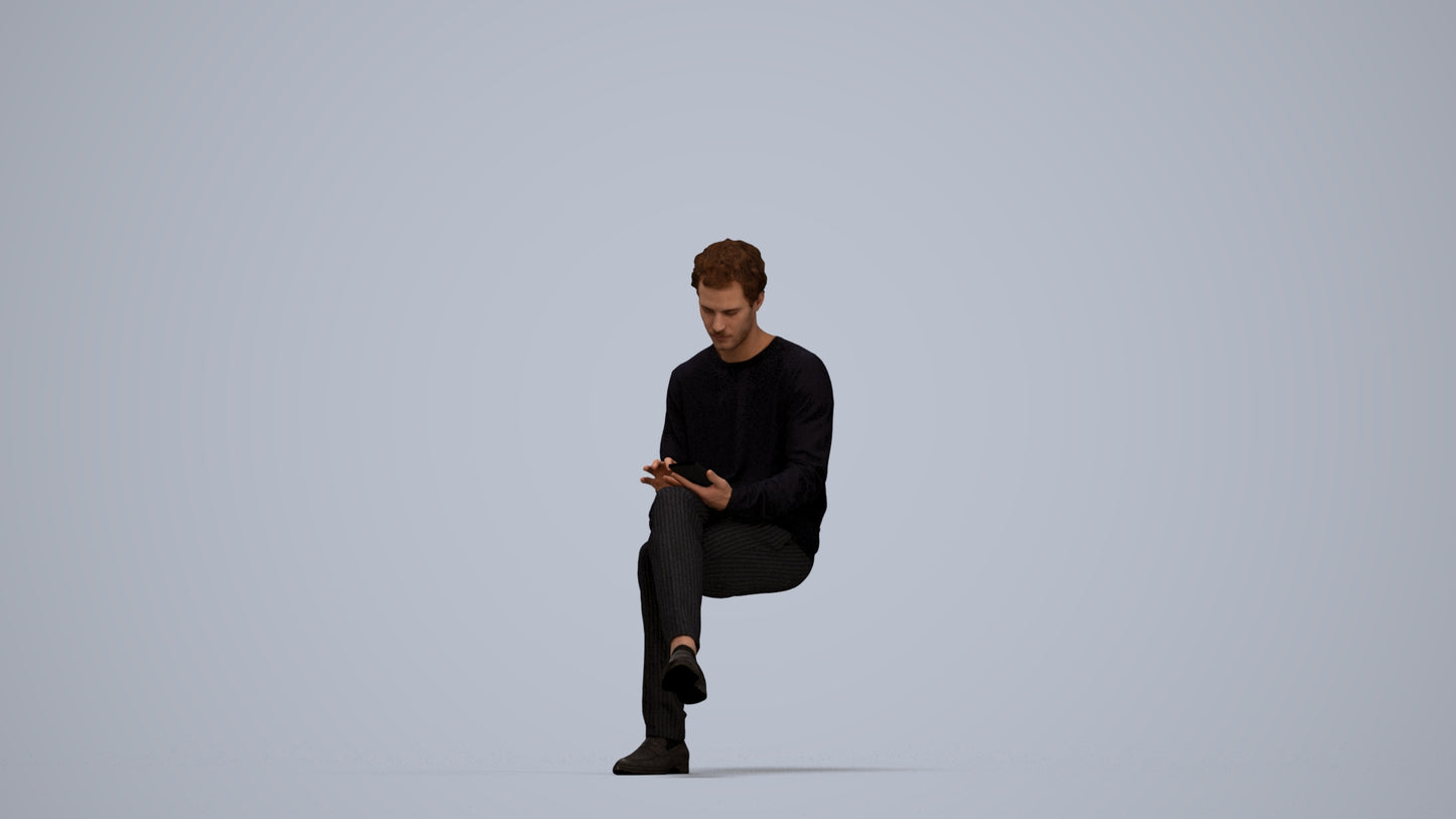 realistic 3D people man casual sitting, render-ready for V-Ray and Corona, FBX OBJ, top-down view render