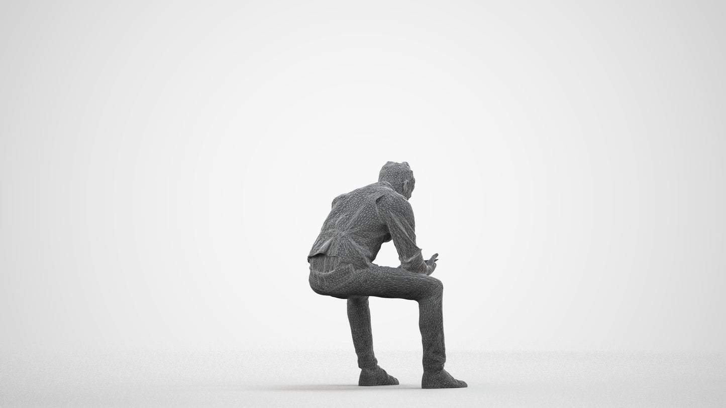 scanned 3D man casual sitting, photogrammetry people for Enscape and V-Ray, wireframe side view