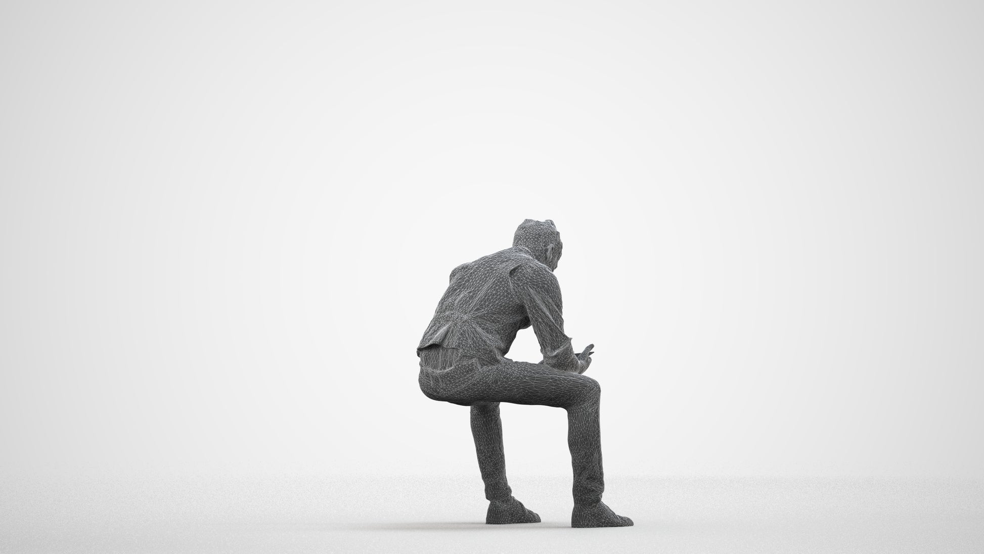 scanned 3D man casual sitting, photogrammetry people for Enscape and V-Ray, wireframe side view