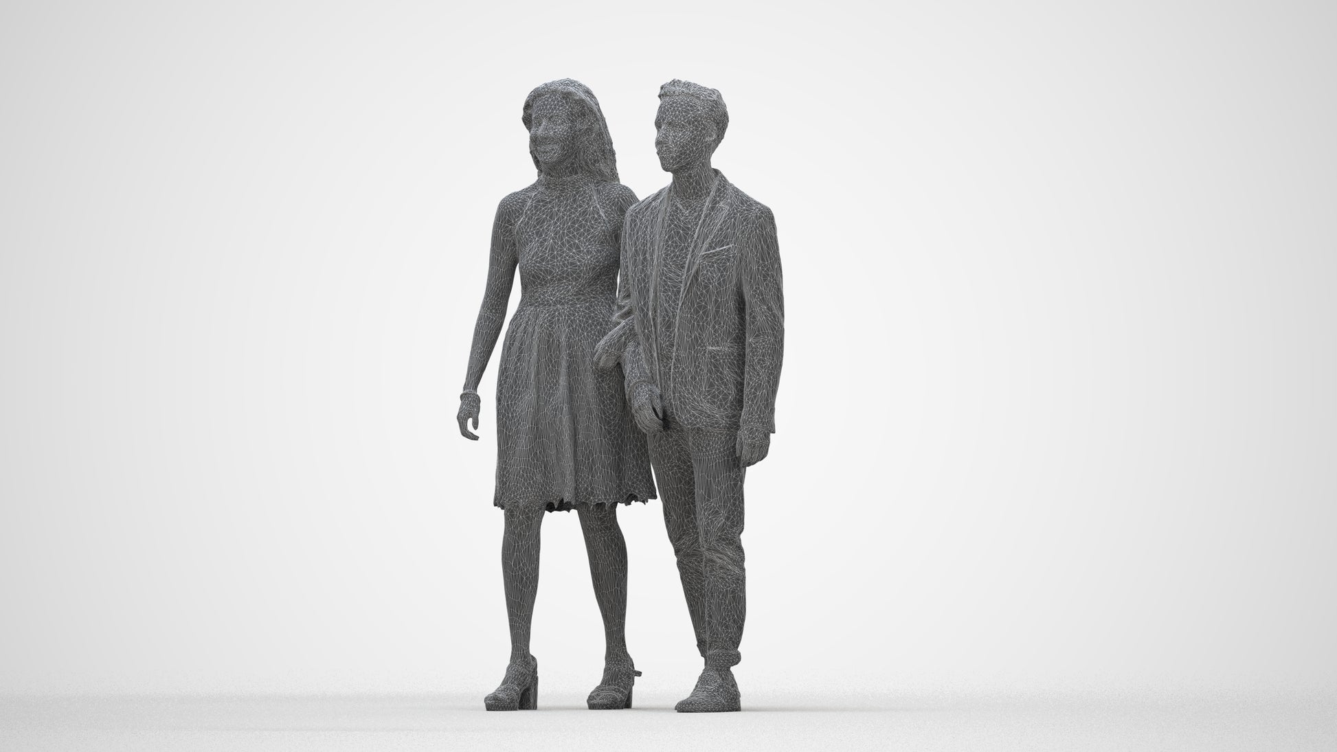 realistic 3D people woman formal couple, render-ready for V-Ray and Corona, FBX OBJ, wireframe back view