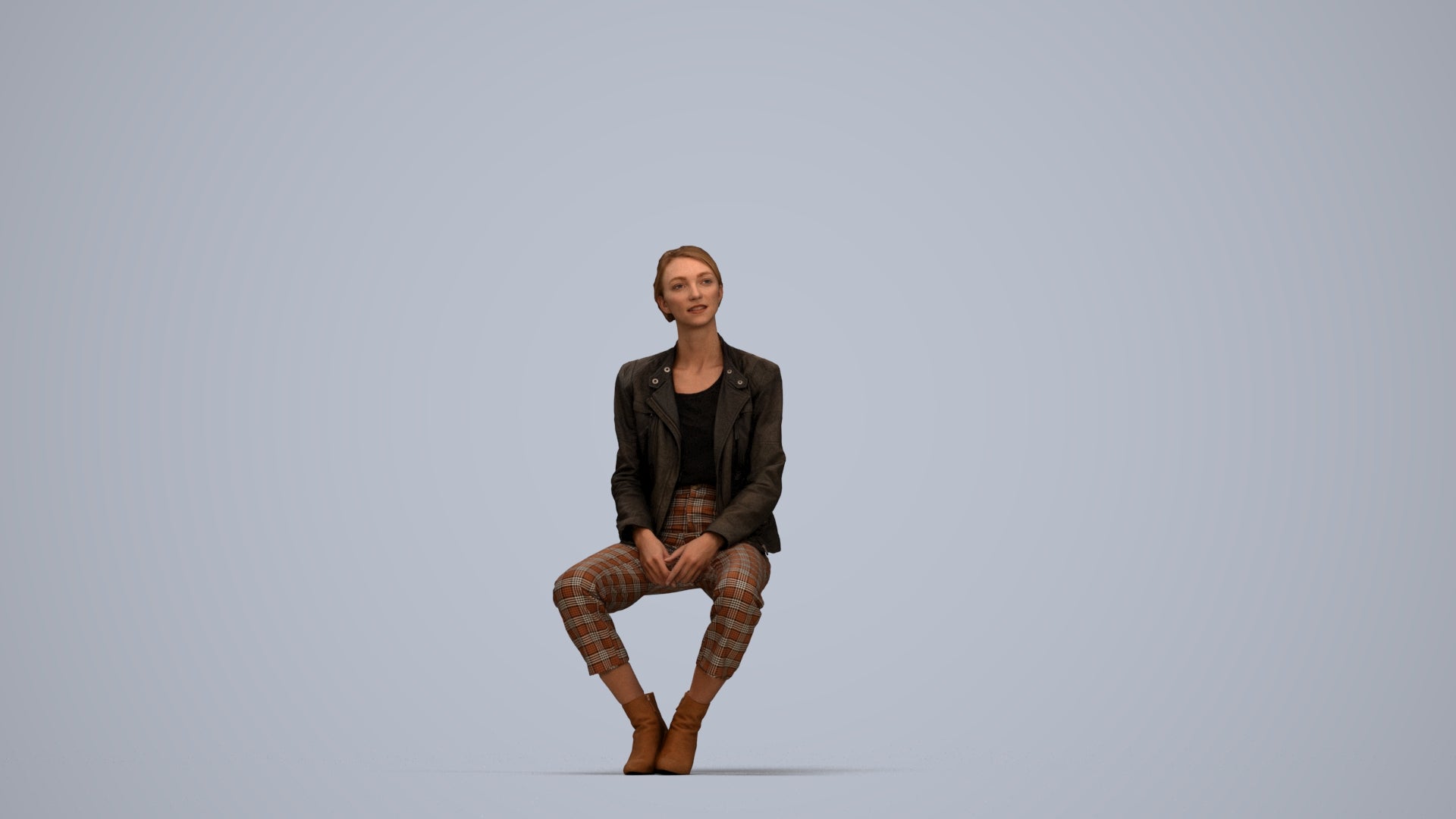 scanned 3D woman casual sitting, photogrammetry people for Enscape and V-Ray, top-down view render