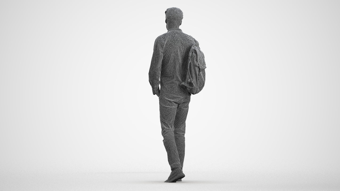 scanned 3D man casual walking, photogrammetry people for Enscape and V-Ray, wireframe front view