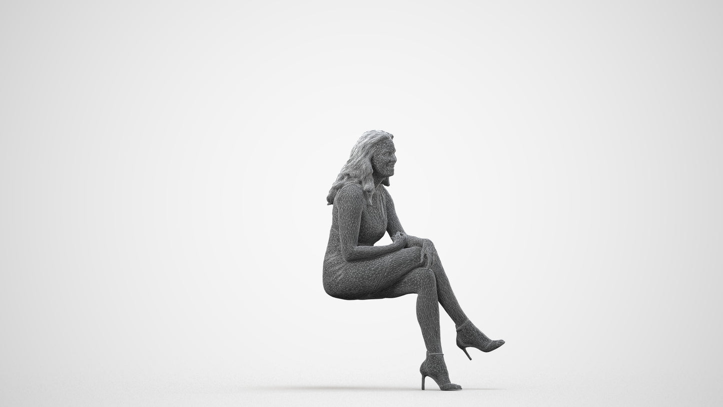 realistic 3D human woman casual sitting, archviz people FBX OBJ for Blender, wireframe side view