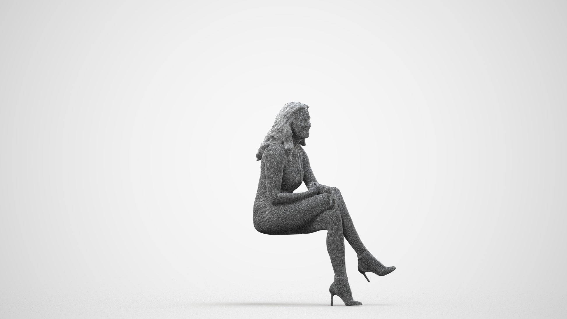 realistic 3D human woman casual sitting, archviz people FBX OBJ for Blender, wireframe side view