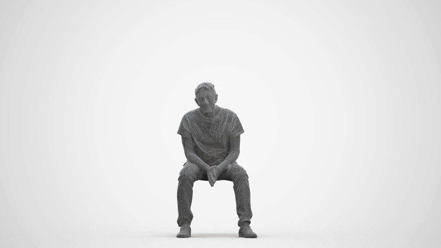 3D people model senior man casual sitting, scanned human for 3ds Max rendering, three-quarter front view render