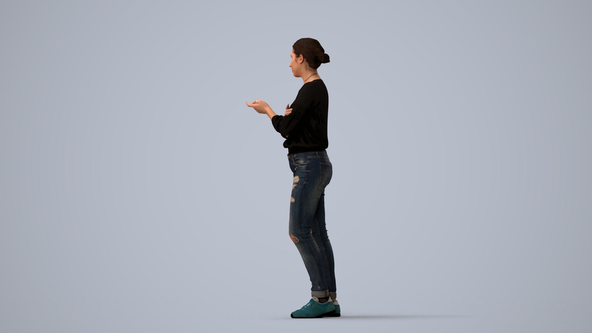 3D human model woman casual standing, photogrammetry scanned person for archviz, three-quarter view render