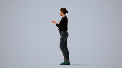 3D human model woman casual standing, photogrammetry scanned person for archviz, three-quarter view render