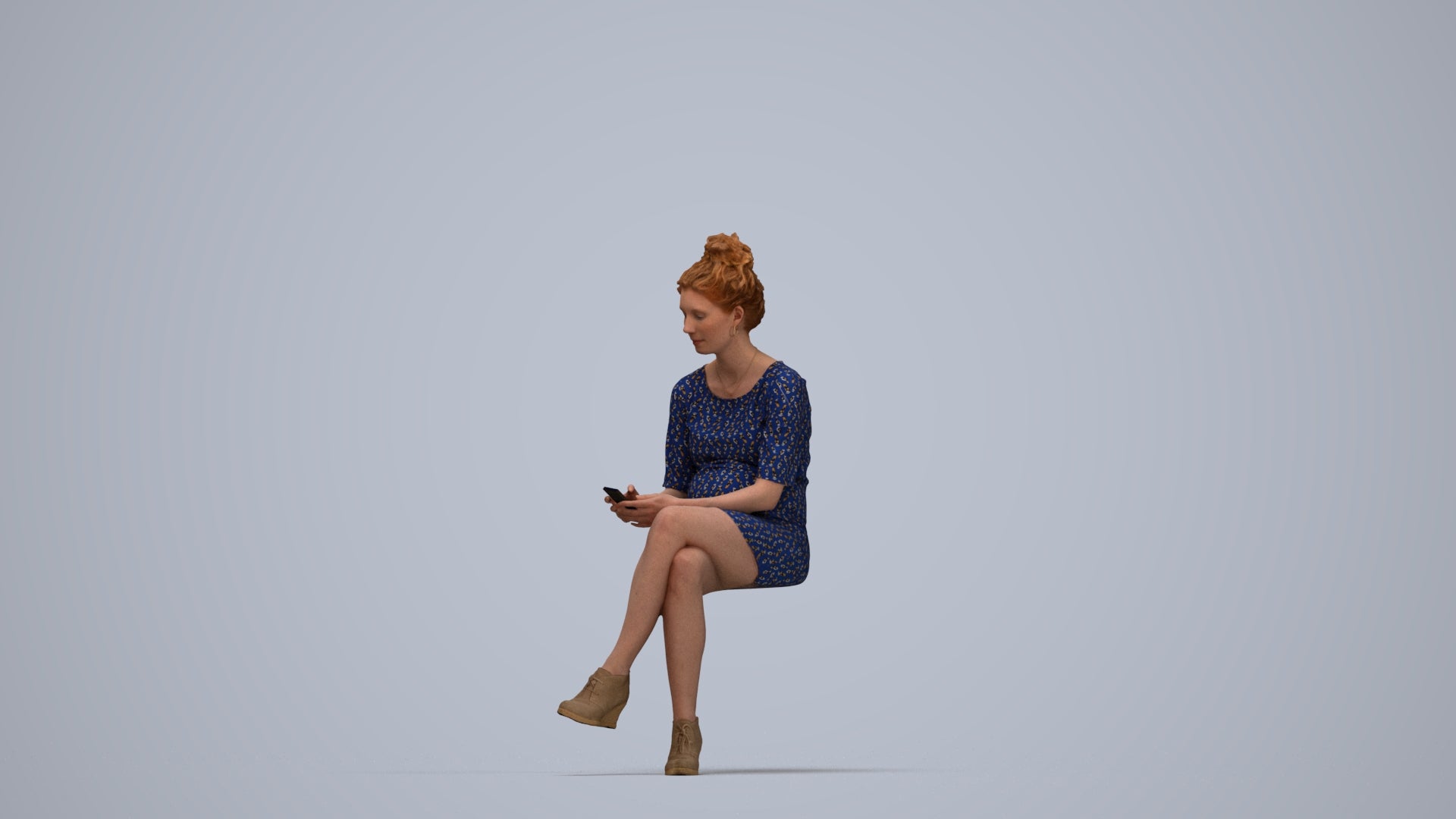 photogrammetry 3D woman casual sitting, realistic human model archviz FBX, top-down view render
