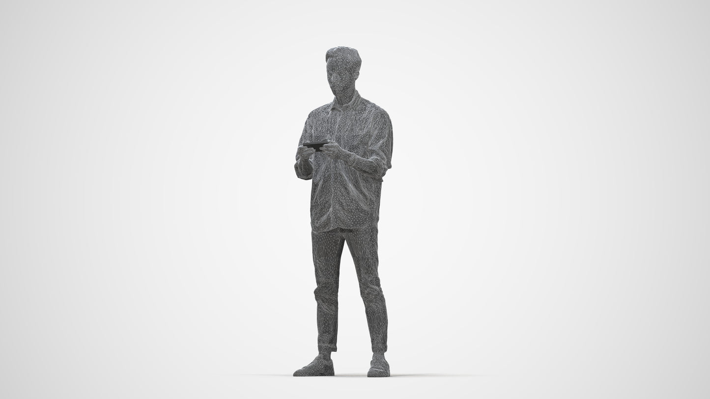 3D people model man casual standing, scanned human for 3ds Max rendering, wireframe back view
