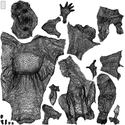 3D human model woman business sitting, photogrammetry scanned person for archviz, wireframe top-down view