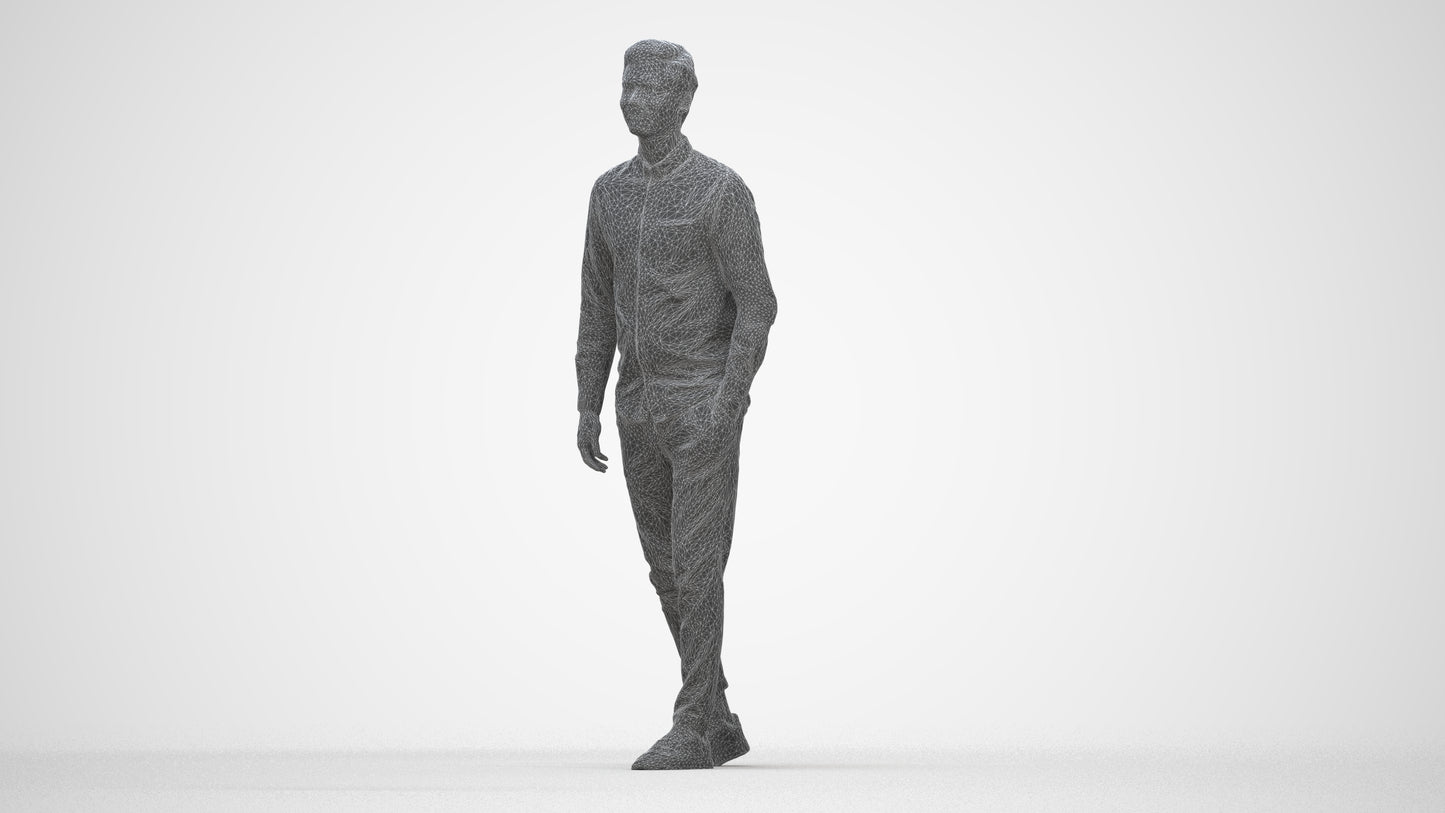 realistic 3D human man casual walking, archviz people FBX OBJ for Blender, wireframe back view