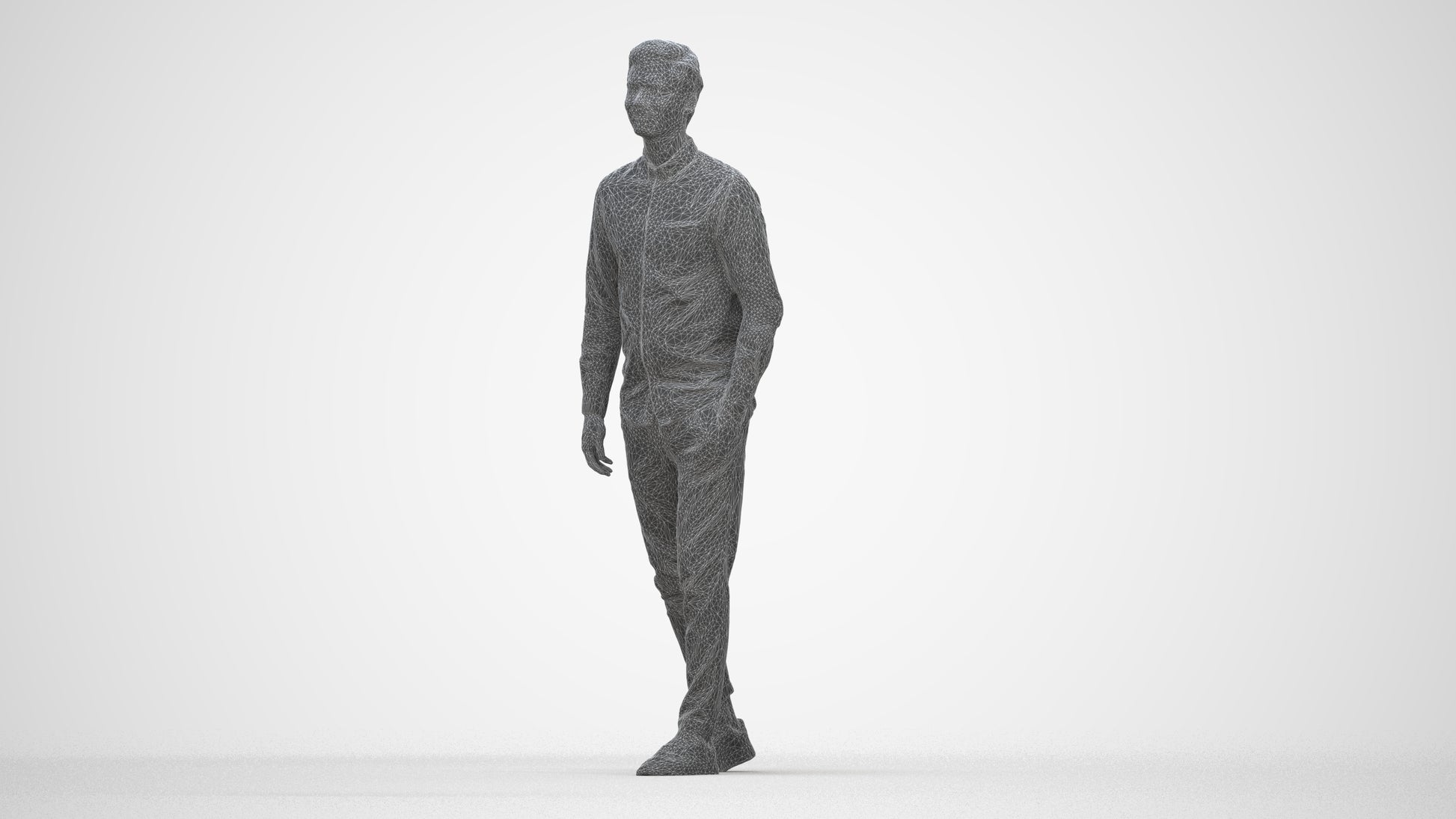 realistic 3D human man casual walking, archviz people FBX OBJ for Blender, wireframe back view