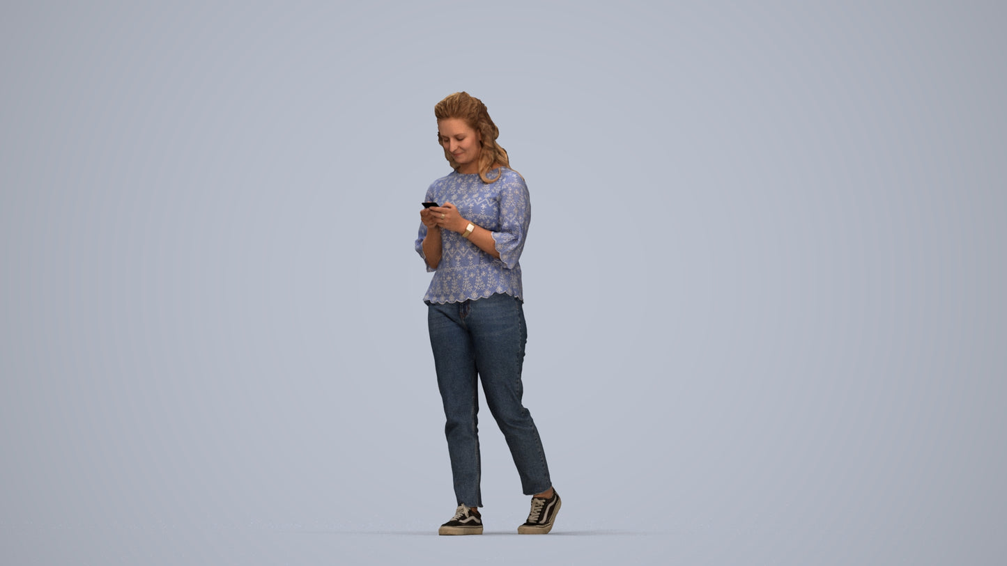 3D people model woman casual walking, scanned human for 3ds Max rendering, top-down view render