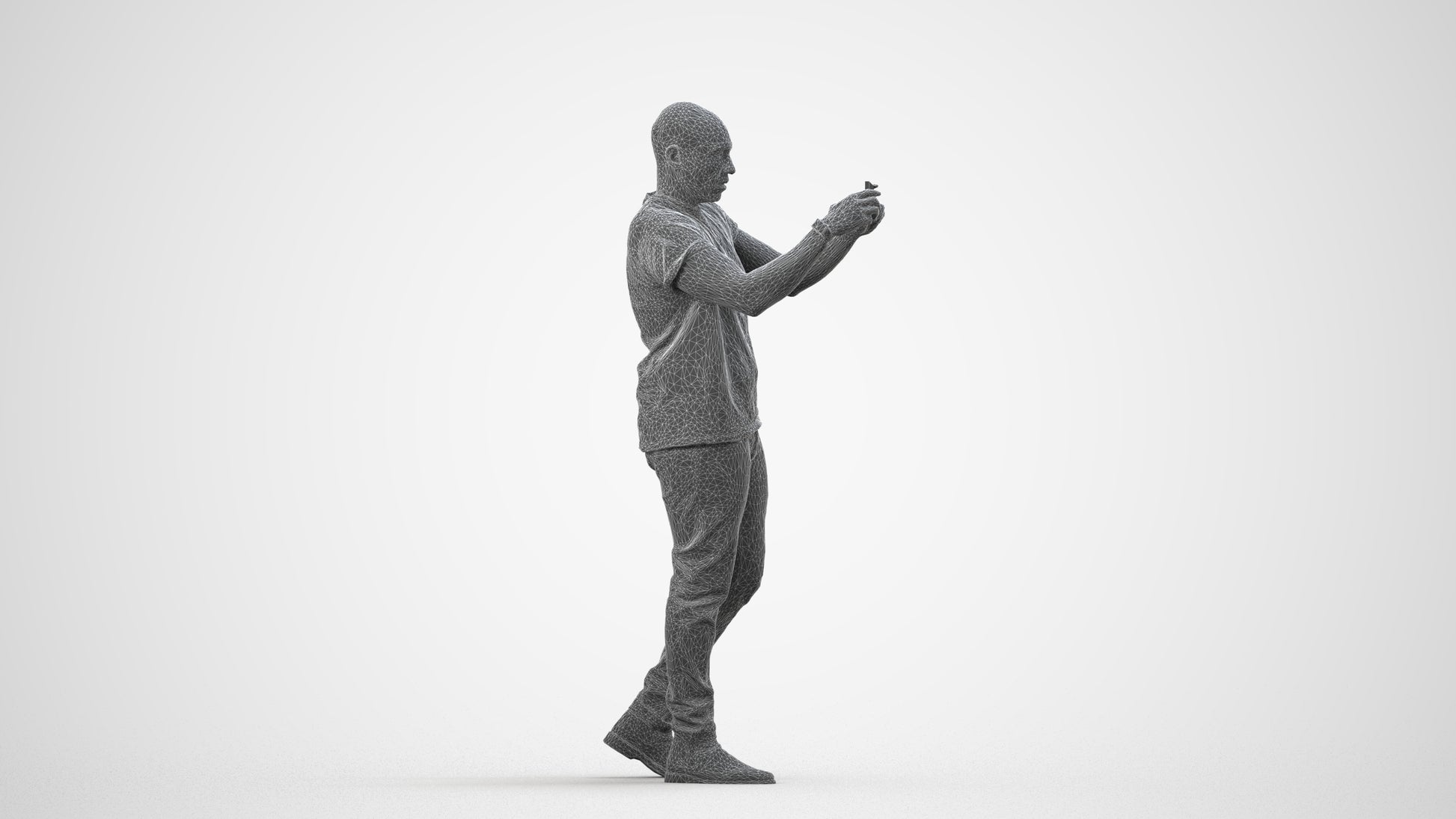realistic 3D man casual standing, scanned archviz people for Blender and 3ds Max, wireframe side view