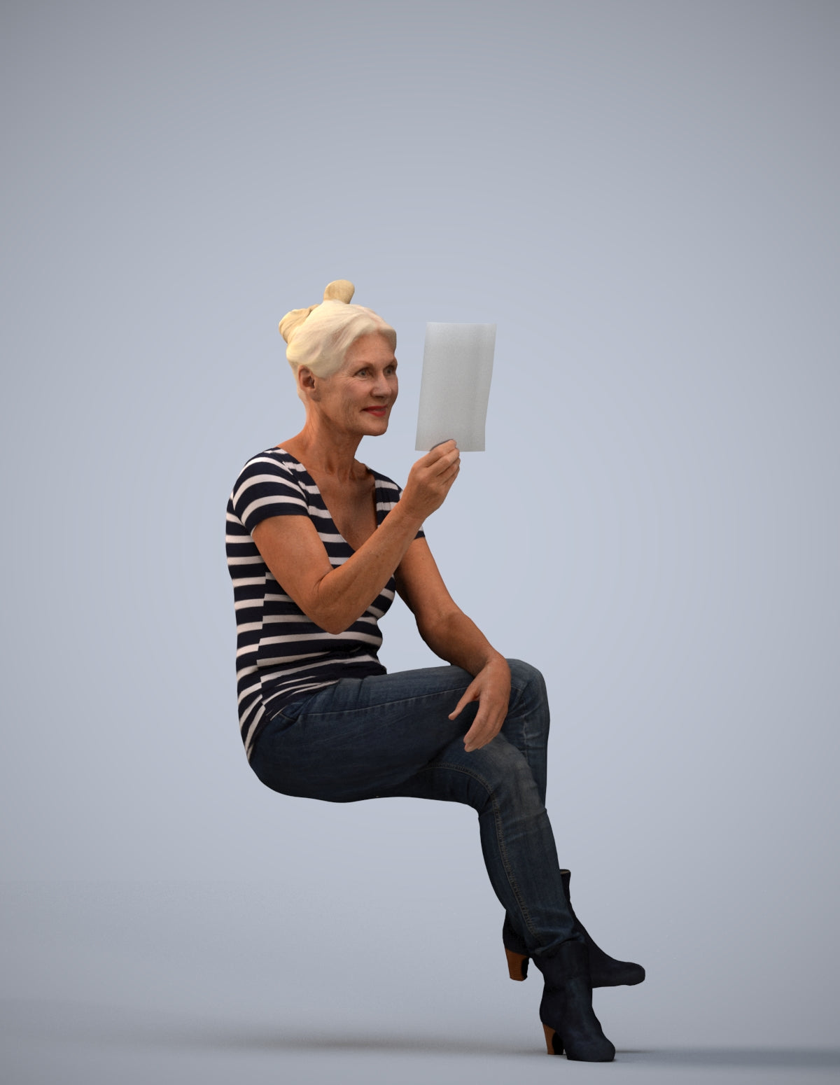 3D scanned senior woman sitting casual, photorealistic archviz people for Enscape and SketchUp