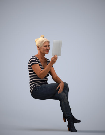 3D scanned senior woman sitting casual, photorealistic archviz people for Enscape and SketchUp