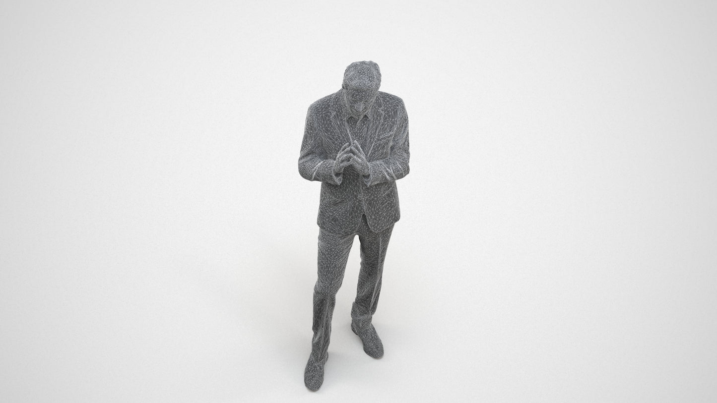 realistic 3D human man business, archviz people FBX OBJ for Blender, wireframe three-quarter view