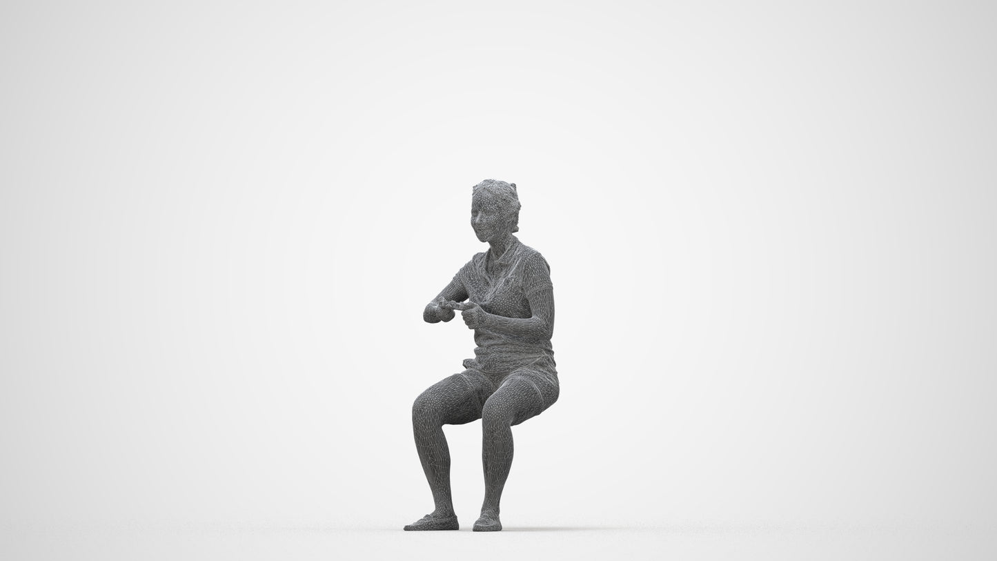 3D scanned woman sitting casual, photorealistic archviz people for Enscape and SketchUp, wireframe back view