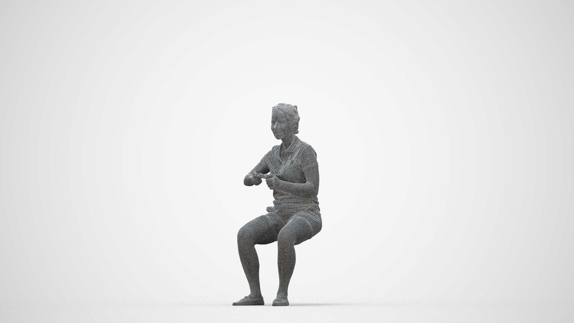 3D scanned woman sitting casual, photorealistic archviz people for Enscape and SketchUp, wireframe back view