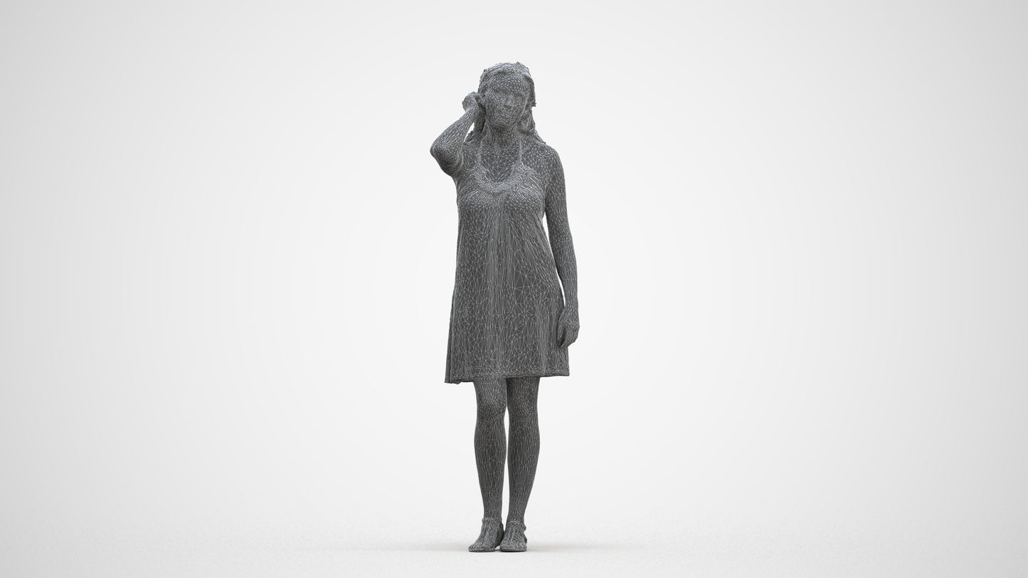 3D human model woman standing, photogrammetry scanned person for archviz, three-quarter front view render