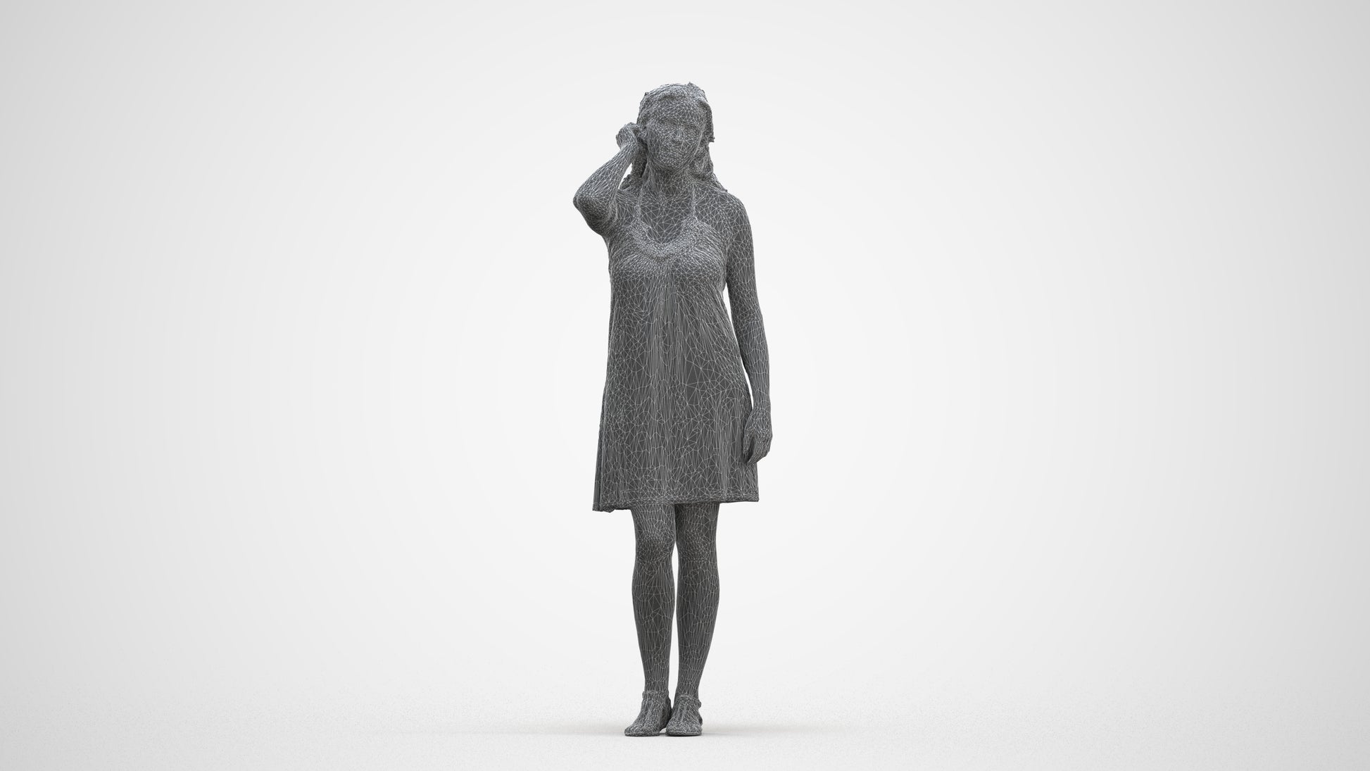 3D human model woman standing, photogrammetry scanned person for archviz, three-quarter front view render
