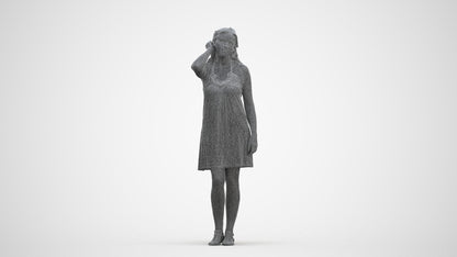 3D human model woman standing, photogrammetry scanned person for archviz, three-quarter front view render